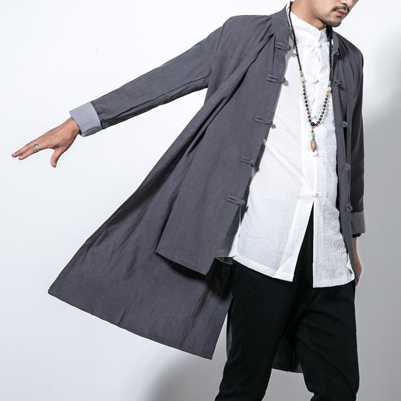 

Men's Trench Coats 2021 Chinese Style Cotton Linen Windbreaker Casual Top Jacket Fashion Autumn Retro Hanfu Fake Two Pieces, Black