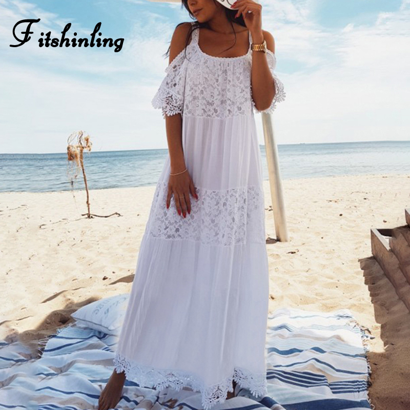 

Fitshinling Bohemian Lace Patchwork Maxi Dresses Women Tunic Open Shoulder Sexy White Long Dress Holiday Strap Summer Pareos Hot