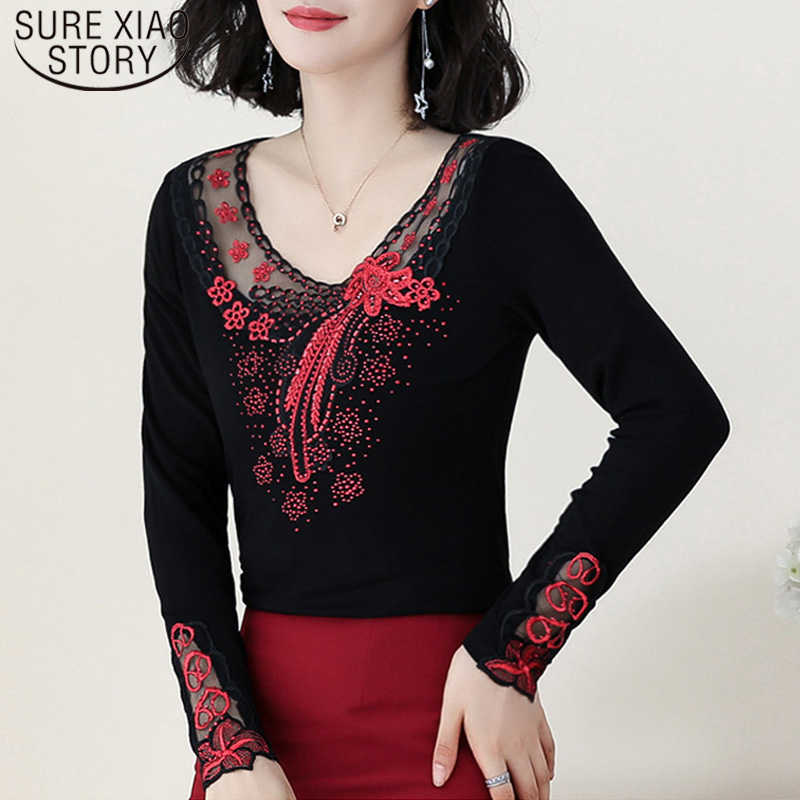 

Autumn Winter Long Sleeve Women Blouses Embroidery Black Low Collar Floral Ladies Tops Hollow Casual Women Tops 6739 50 210527, Black gold