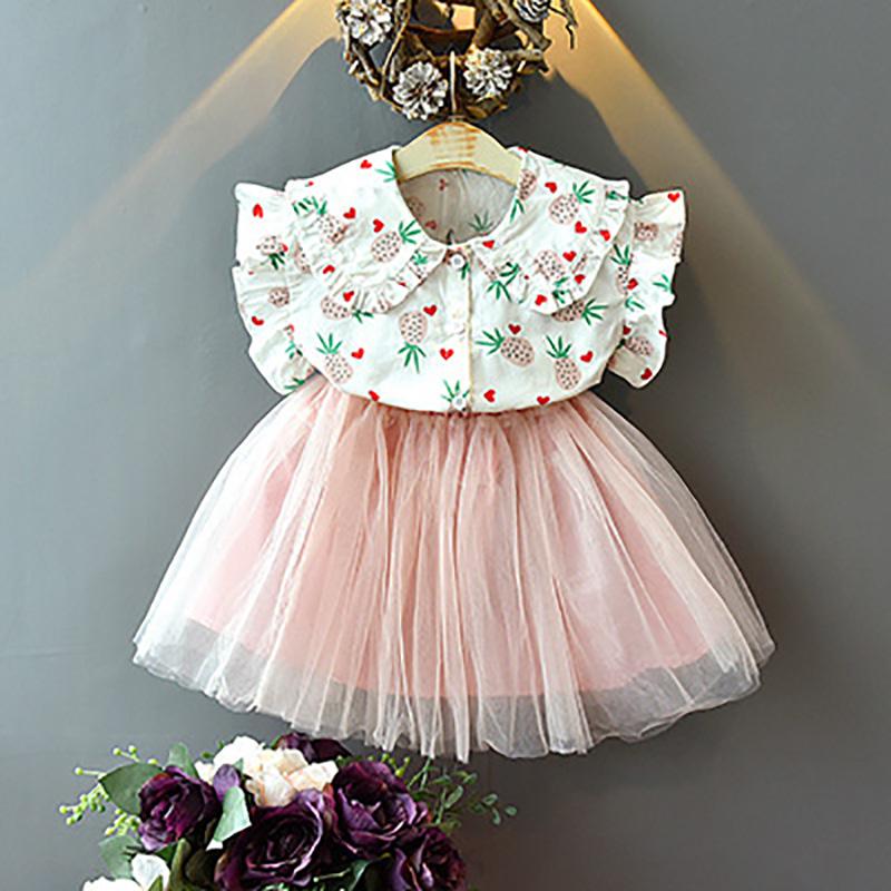 

Clothing Sets ZWY649 2021 Girls Set Summer Kids Girl Fashion Cute Fruit Parrten Lapel T-Shirt +Mesh Skirt 2Pcs, Skirt sets