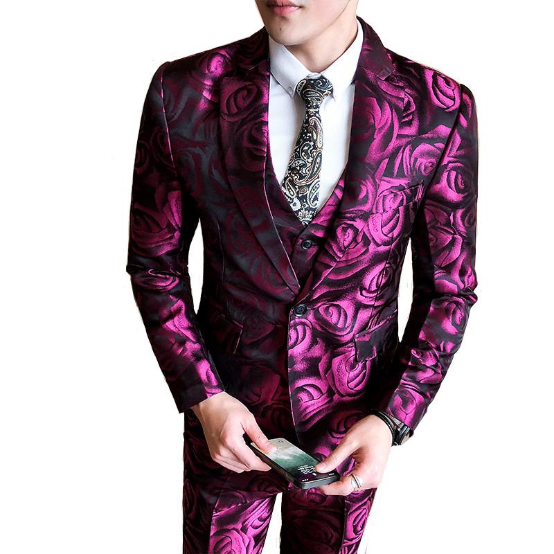 

Jacket Vest Pants Suit 3 Piece Set Nightclub Banquet Floral Rose Print Slim Fashion Urban Blazers Coat Boutique S-5XL Men's Suits &, Mei gui hong