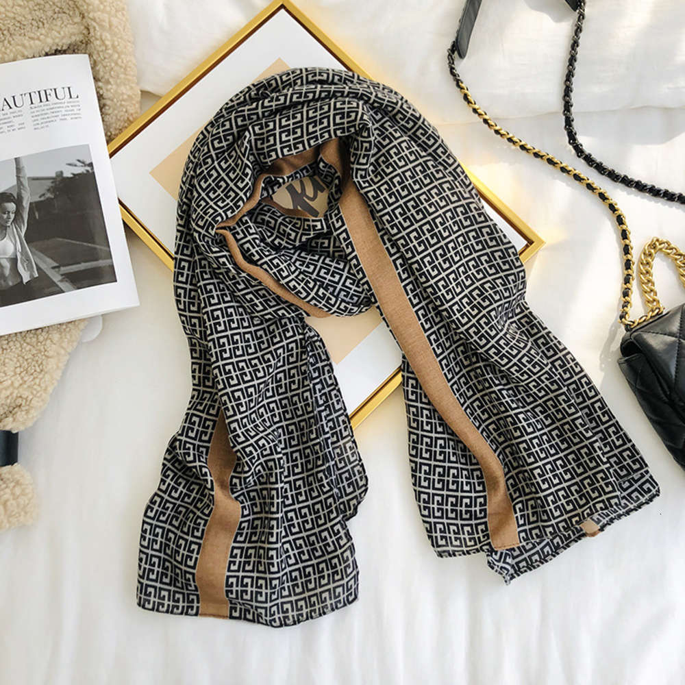 

Versatile scarf women's autumn and winter new FF letters color matching neck cotton hemp texture double sided warm shawl, Blue;gray