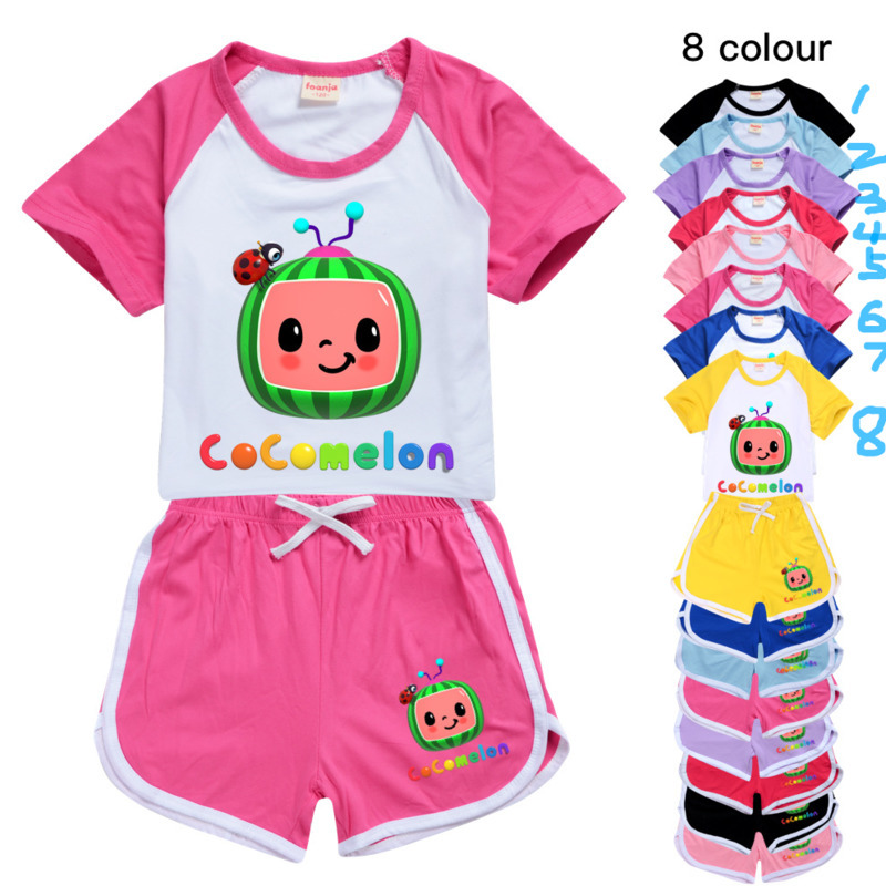 

Cocomelon Cartoon Printed Kids Summer Tracksuit Short Sleeve +SHorts Two-piece Suit Clothing Candy Colors Casual Outfits Clothes gG496FSR, White