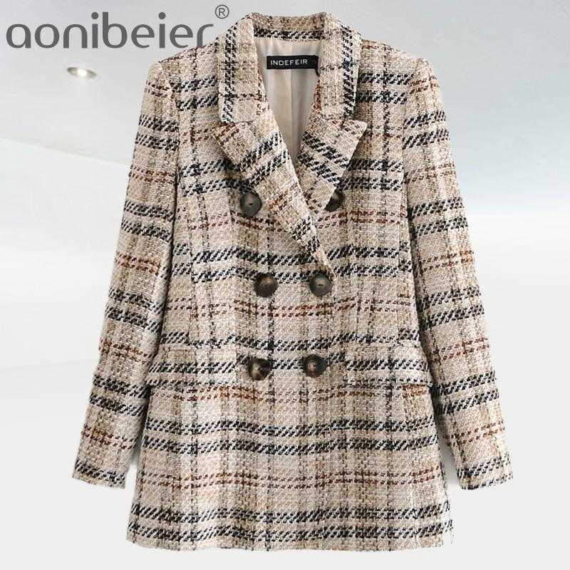 

Vintage Retro Check Pattern Double Breasted Ladie Casual Plaid Blazer And Skirt Two-Piece Office Lady Work 210604, Khaki skirt