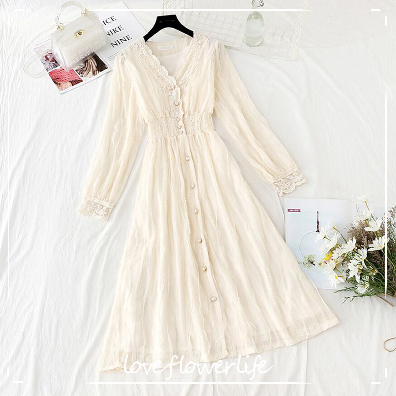 

Women V-neck Lace Dress Autumn Elegant A-Line Slim Single-Breasted Vestidos Elastic waist Mesh Mid-calf Dress 210521, Apricot