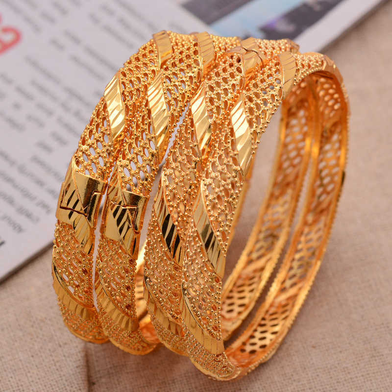 

24k 4pcs Middle East Arab Dubai Bracelet Gold Color Bangles for Women Bride Girl African Gold Color Jewelry Trendy Gifts Q0720