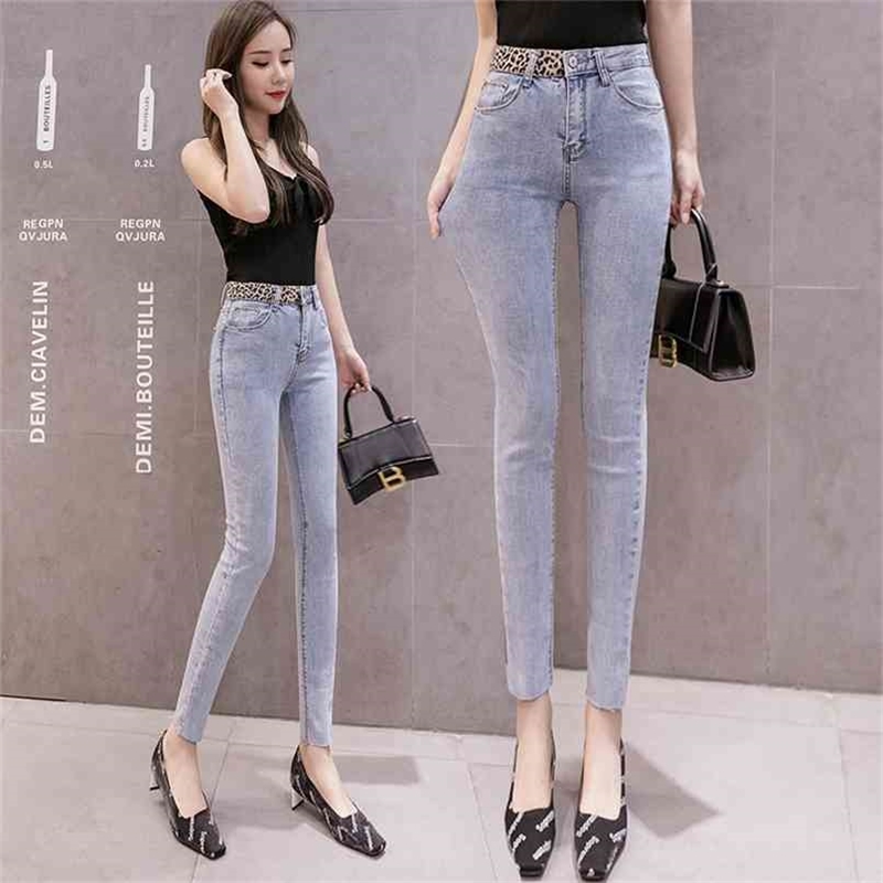 

Women' jeans autumn version high waist slim head leopard print stitching wild feet women 210520, Black