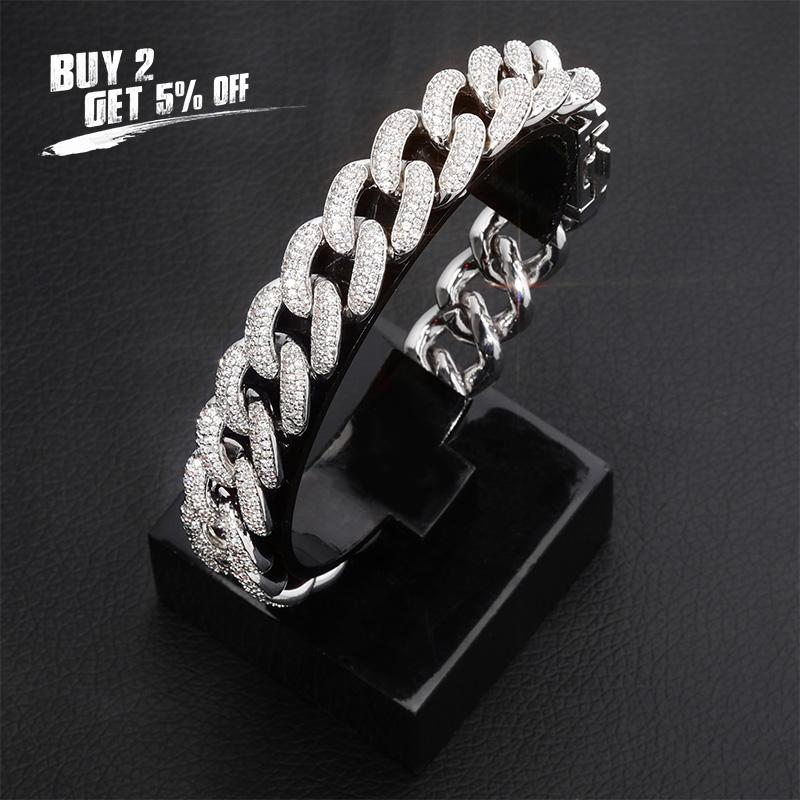 

Charm Bracelets Est Lock Clasp 14mm Hip Hop Iced Out Bling CZ Men Bracelet 7 8 9 Inch Miami Cuban Link Hiphop Jewelry, Golden;silver