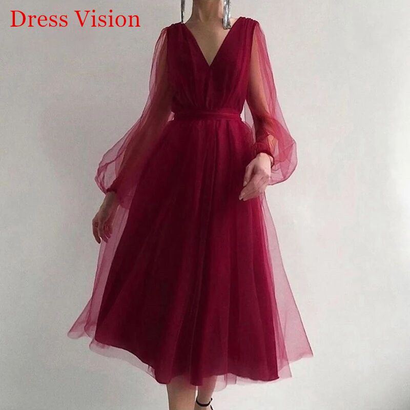 

Robe De Soiree Sexy V-Neck Long Puff Sleeves Prom Dresse Party Gowns Soft Tulle Lace-Up, White