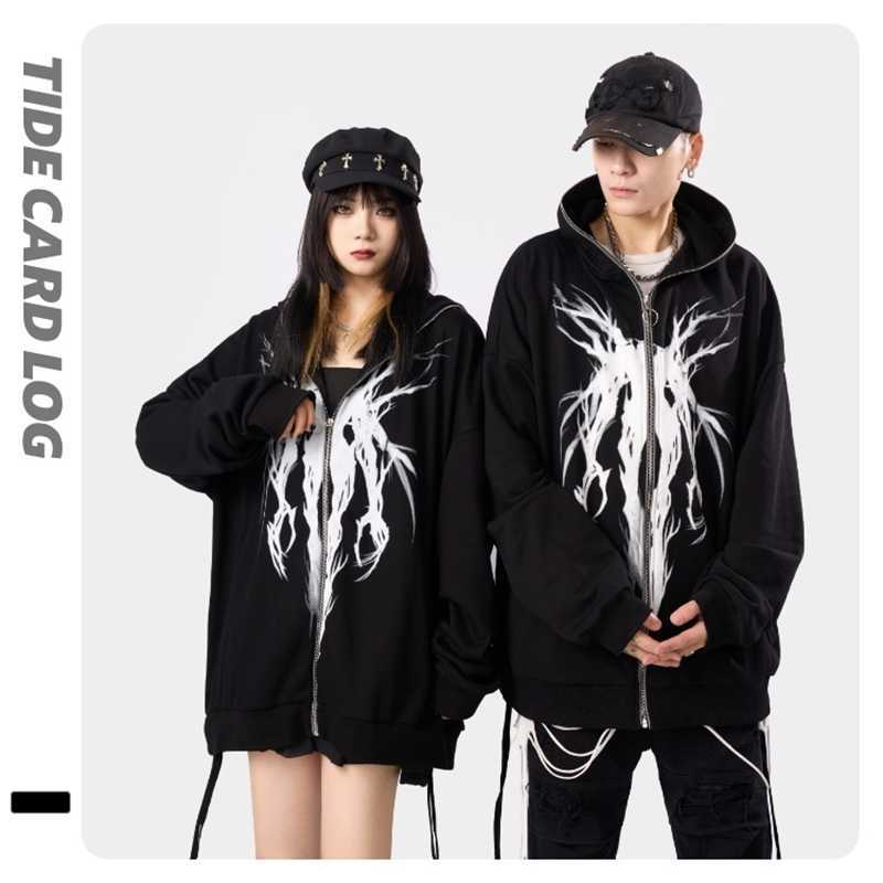 

Autumn and winter new personalized fashion printed sweater cardigan high street leisure hip hop metal zipper jacket, Black;brown