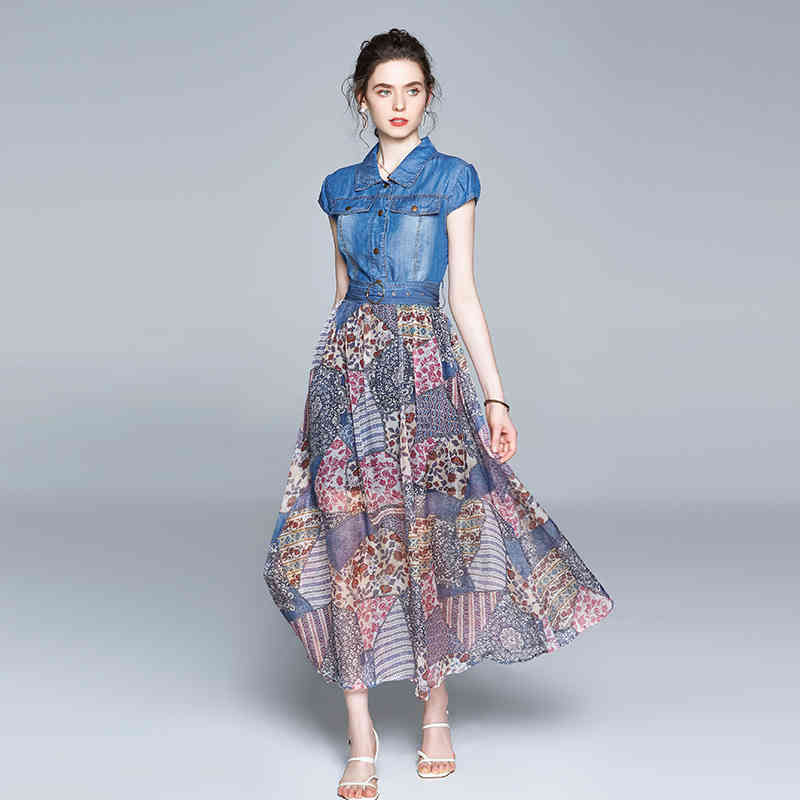 

Women Summer Elegant Denim Dress High Quality Long Maxi Party Robe Femme Vintage Print Chiffon patchwork Vestidos 210518, Photo color