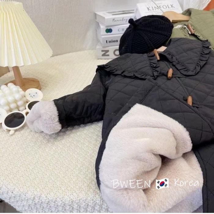 

Down Coat Winter Girl's Children Fashion Long Single Breasted Plus Velvet Solid Korean Style Warm Elegant Plaid Outerwear Clothes, Blue;gray