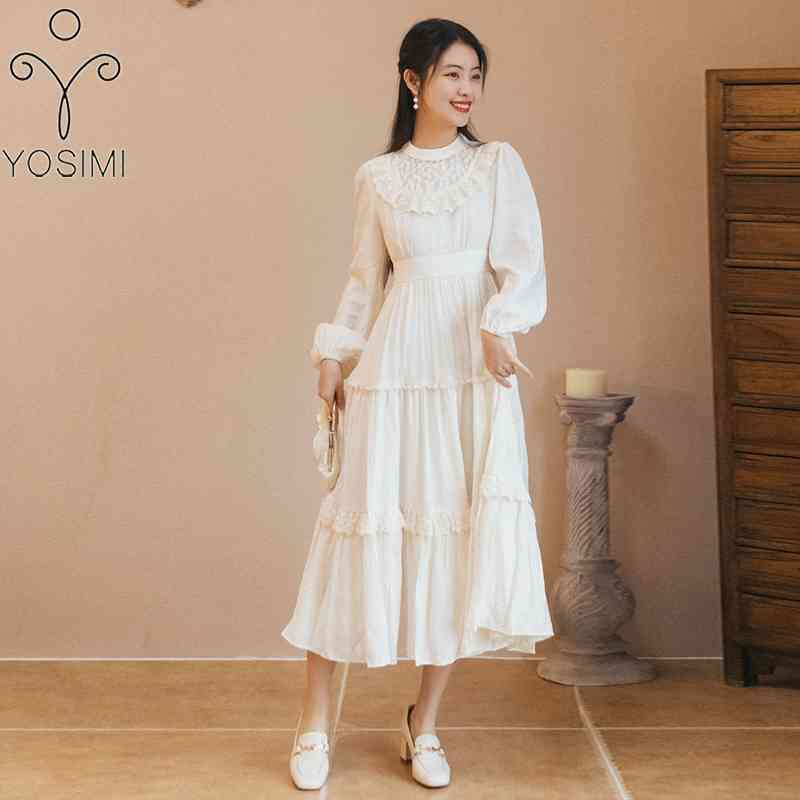 

YOSIMI White Cotton and Linen Women Dress Summer Stand-neck Long Lantern Sleeve Mid-calf Lace Empire Sweet 210604