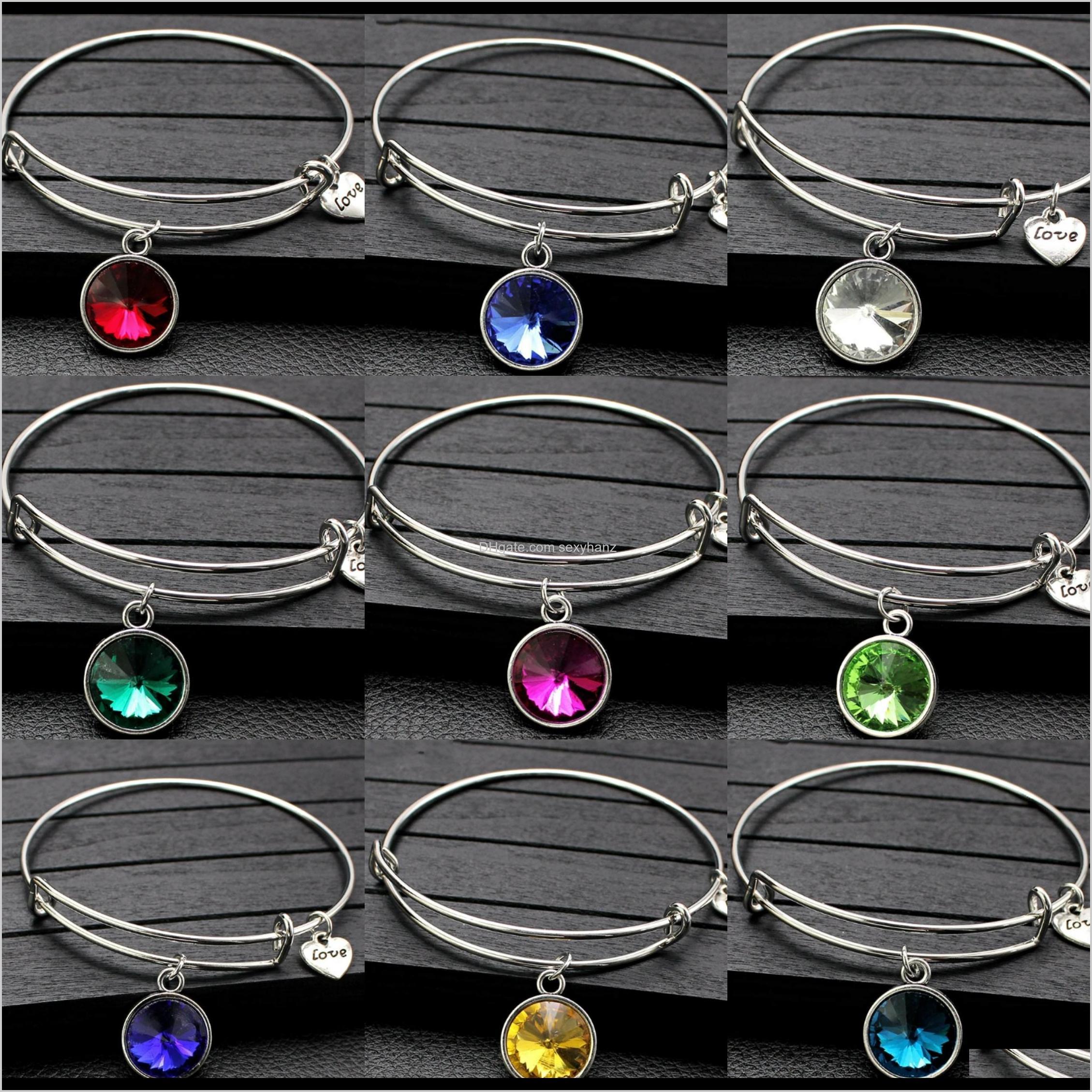 

Bracelets 12Colors Birthday Stone Crystal Pendant Bracelet Alloy Rhinestone Push Pull Round Hand Ring Heart Love Charm Adjustable Wome Anhww