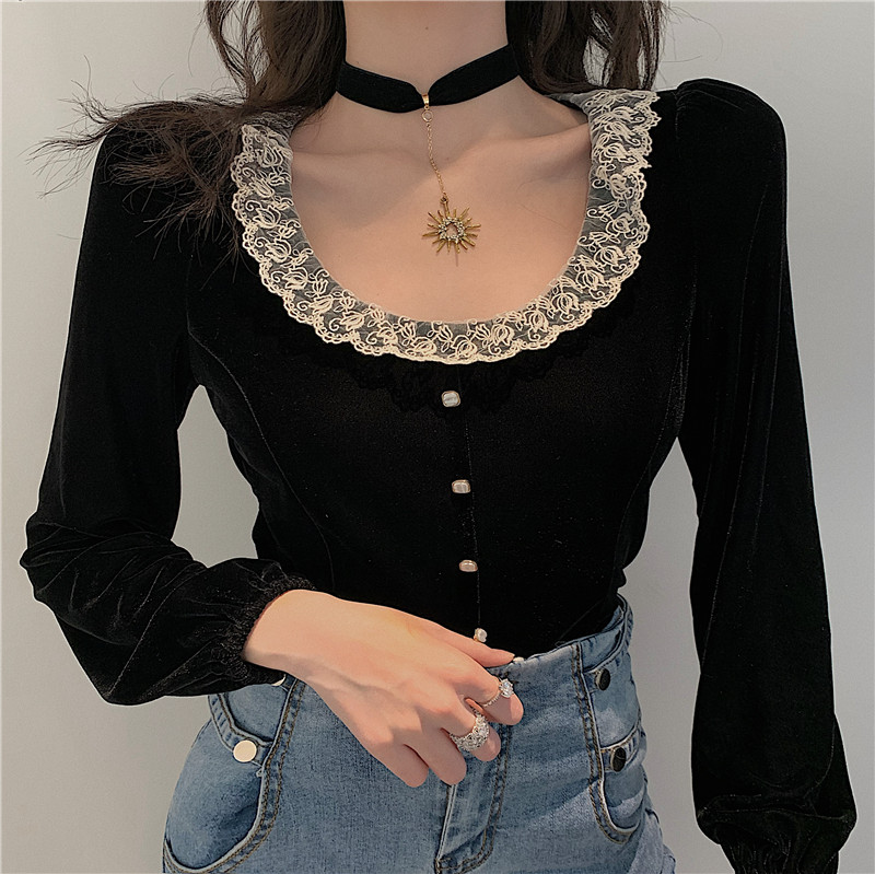 

2021 Brand New Vintage Velvet Blouse Lace Collar Long Sleeve Sexy Crop Top Black Velour Women Shirt Plus Size Chemise Blusa, Beige