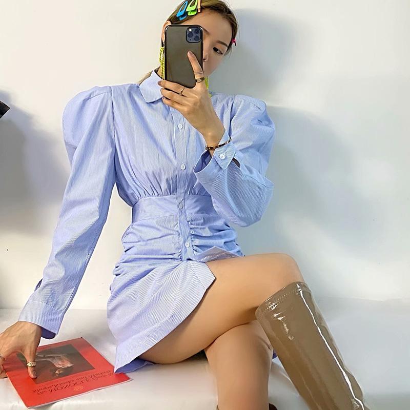 

Casual Dresses 2021 Women Striped Button Long Sleeves Turn-Down Collar Above Knee Female Casual Fashion Women Clothes