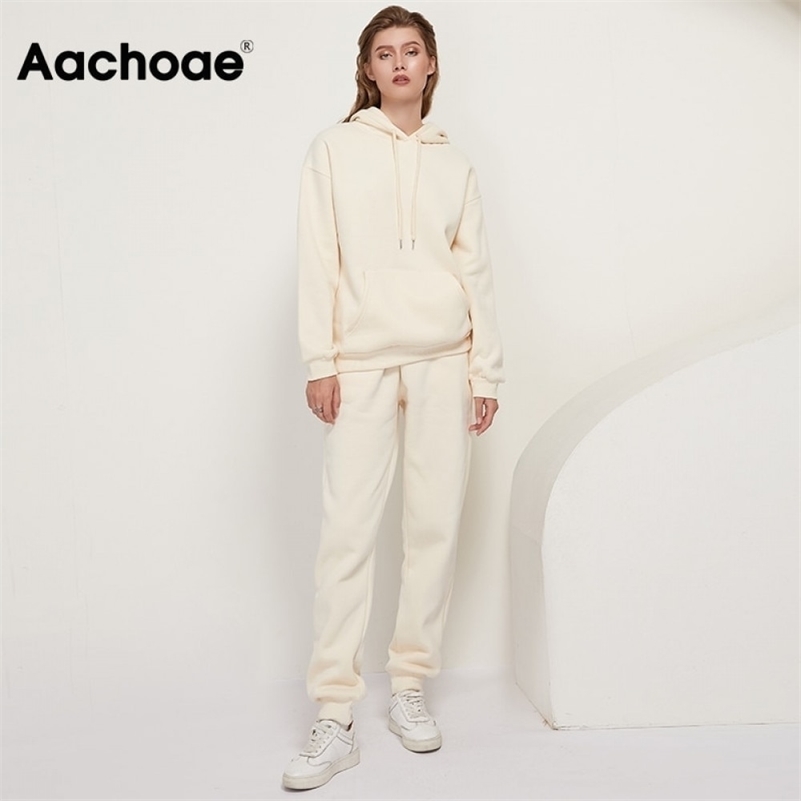

Aachoae Solid 100% Cotton Suits Women Set Fleece Pullover Hooded Hoodies Sweatshirts Casual Pants Tracksuit Plus Size 210709, Pants 1-purple