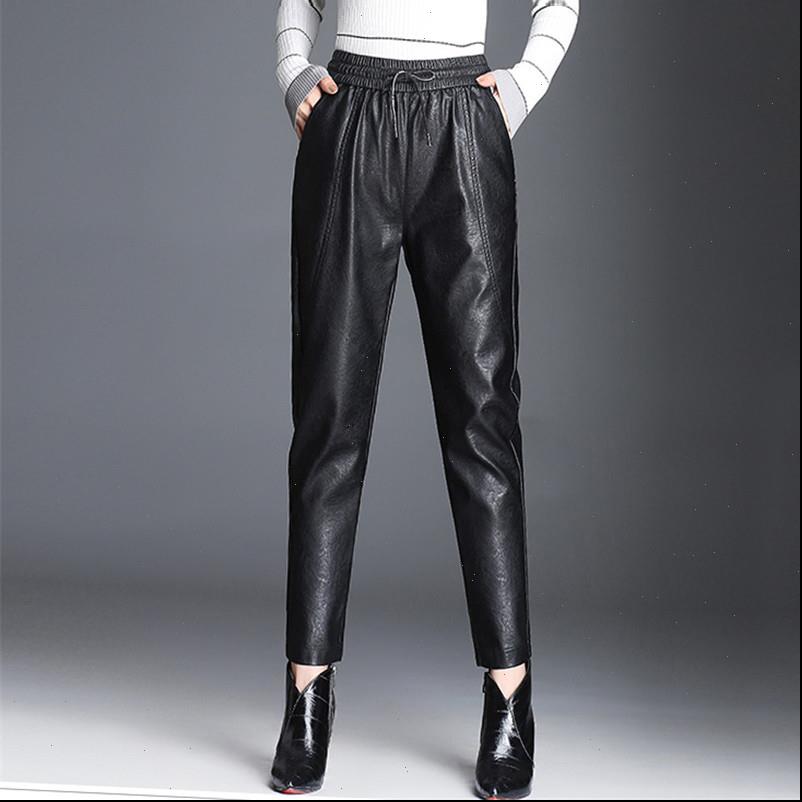 

womens capri women pu leather pants fashion drawstring tie ankle trousers elastic waist pockets black streetwear pantalones mujer p162, Black;white