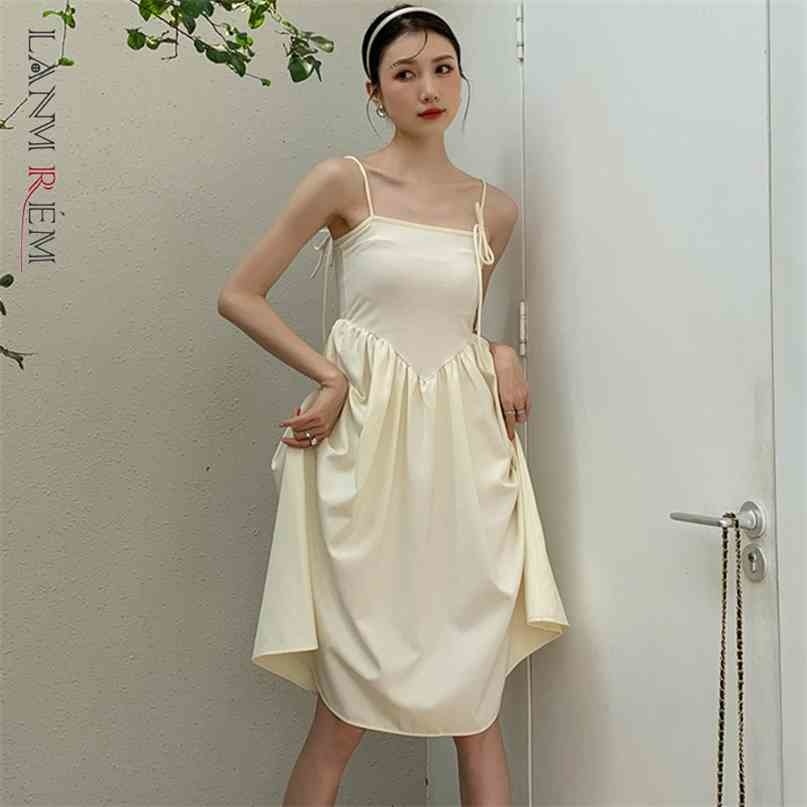 

Women Apricot Dress Elegant Drawstring High Waist A-line Patchwork Temperament Loose Fit Fashion Summer 2H270 210526