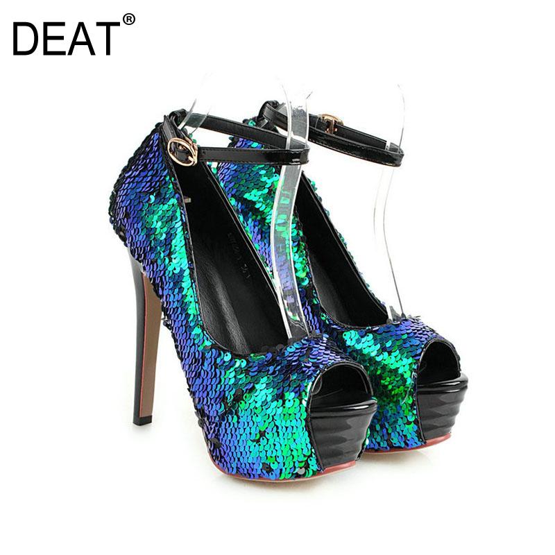 

Sandals [DEAT] 2021 Spring Summer Round Toe Buckle Strap Bling Temperament Thin High Heels Women Shoes Fashion Tide 10F623, Black