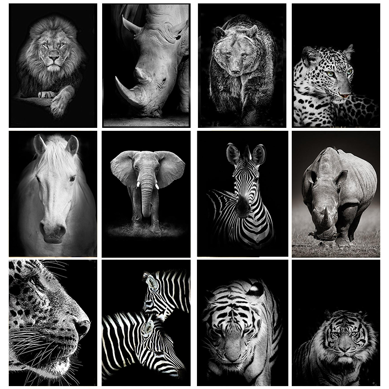 

Animal Giraffe Zebra Lion Elephant Horse Prints & Poster Black and White Canvas Art Wall Decorative Picture for Living Room