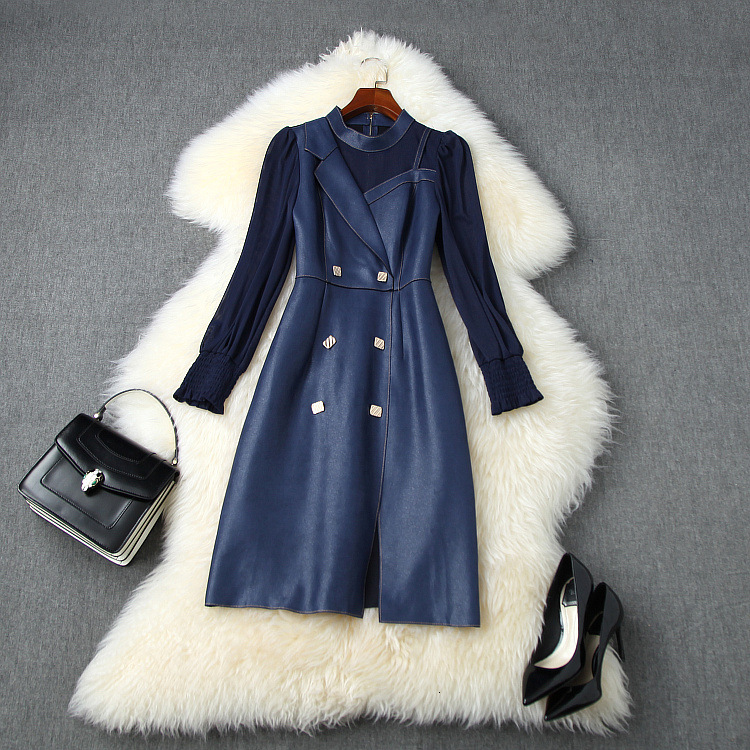 

Casual Dresses European and American women' clothing autumn style Long - sleeved stand-up collar fashion suede dresses GHFY, Blue