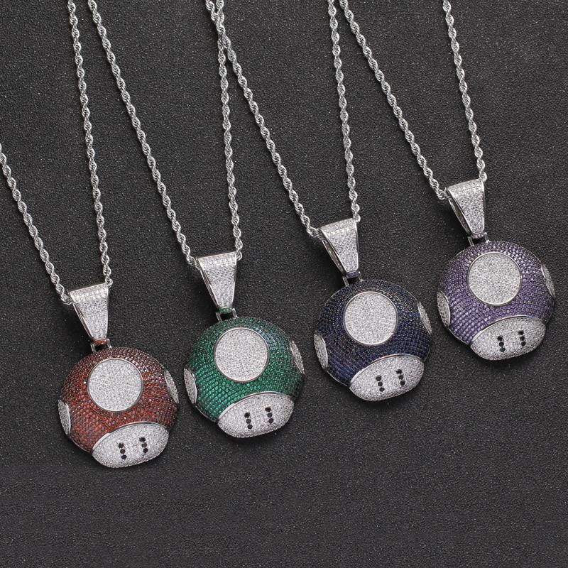 

Pendant Necklaces Hip Hop Cute Cartoon Micro Pave CZ Zircon Mushroom Silver Color Necklace For Men Women Fashion Jewelry Gifts