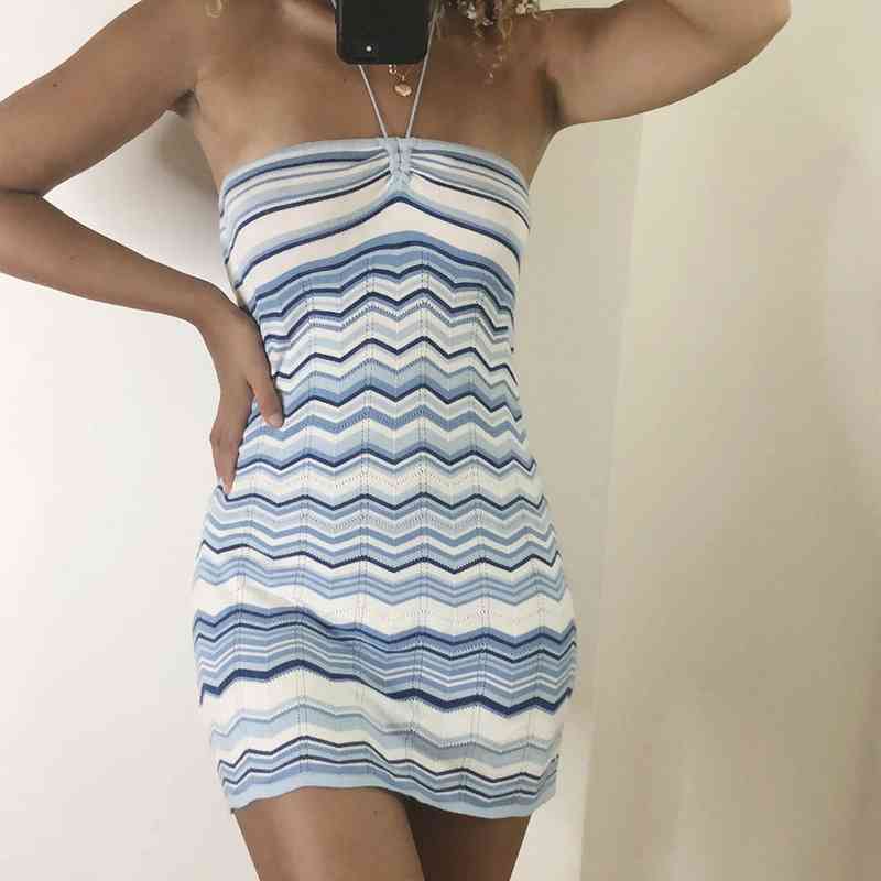 

Dres' summer personality blue stripe hanging neck woolen skirt sexy open backpack hip skirt y2k 210602