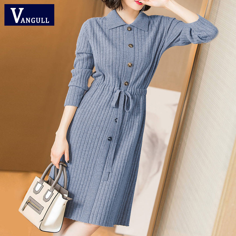 

Vangull Women Knitted Dresses Solid Female Long Sleeve Dress 2021 New Autumn Winter Turn-down Collar Button Solid Slim Dresses, Black