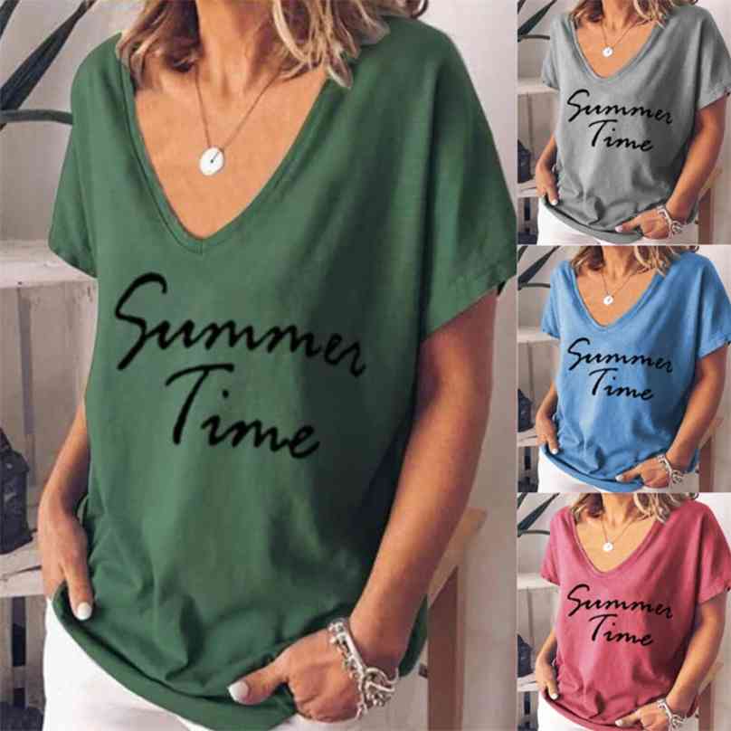 

Summer Casual Fashion V Neck Solid Color T-Shirt Letter Printed Plus Size Short Sleeve Tops Women Clothing 210720, Blue