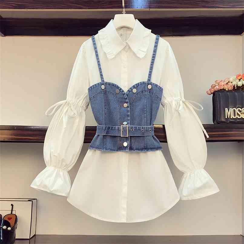 

High Street Casual Shirt Dress Sets Women Ruffles Collar Flare Sleeve Mini and Denim Tube top girdle Suits -4XL 210602, White