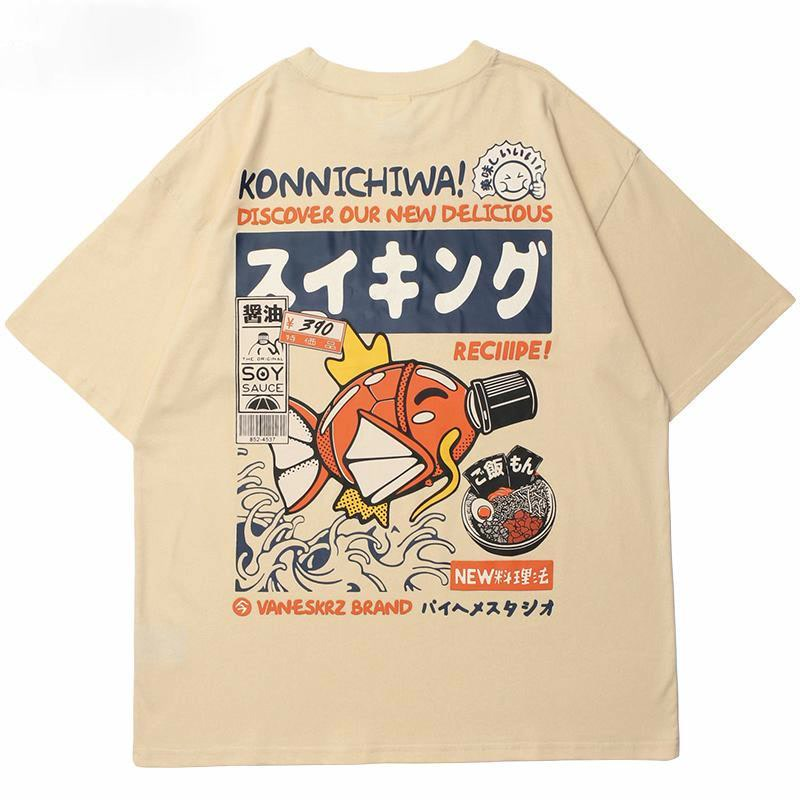 Hip Hop Streetwear T-Shirt Japanese Funny Fish Embroidery Tshirt Men Japan Style Summer Short Sleeve-image-720100179