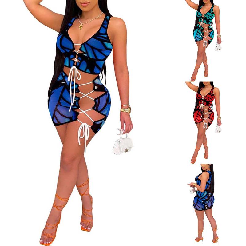 

Women' Tracksuits 2021 Sexy Dress Women Hollow Out Two Piece Set Club Outfits Summer Print Sports Crop Tops And Mini Skirts Bodycon Dresses, Blue
