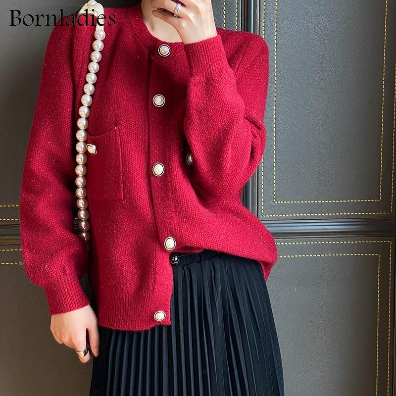 

Women's Knits & Tees Bornladies Elegant O-neck Single-breasted Women Knitted Cardigans Tops Long Sleeve Pockets Loose Female Solid Sweaters, White