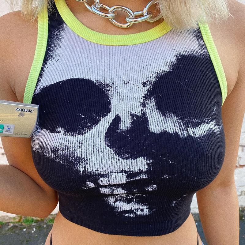 

Women's Tanks & Camis Hirigin Harajuku Gothic Print Tank Crop Tops Vintage Sleeveless Slim Fit Corsets E-girl Grunge Sweat Mini Vest Women Y, White