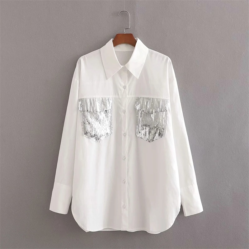 

Women' Fashion Sequined Pocket Stitching Loose Chic Casual Shirt Lapel Long Sleeve Spring Style 210521, White