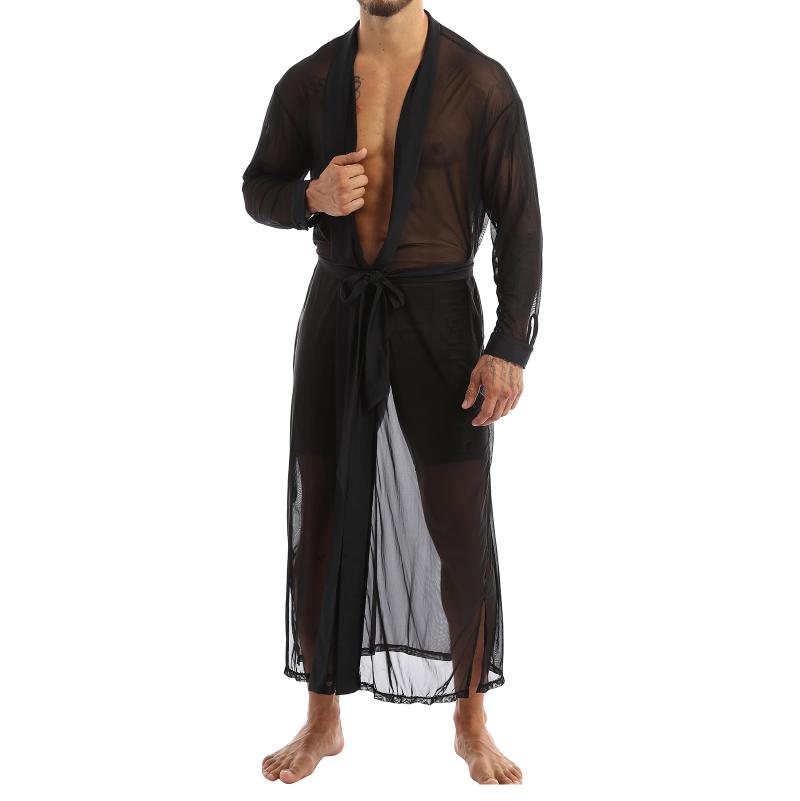 

Men See-through Open Stitch Front Mesh Transparent Long Shirt Casual Sleepwear Male Gay Sexy Lingerie Sleeve Bathrobe Tops Men's Shirts, Black