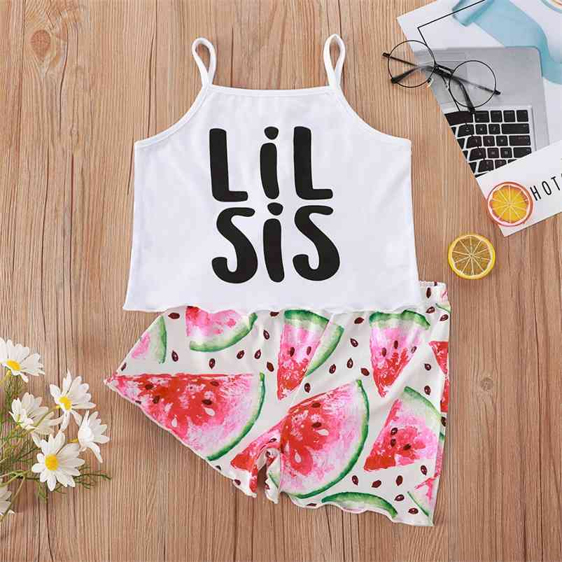 

Summer Style Children Sets Casual Strap Letter Tops Print Watermalon Shorts Cute 2Pcs Child Clothes 1-8T 210629, White