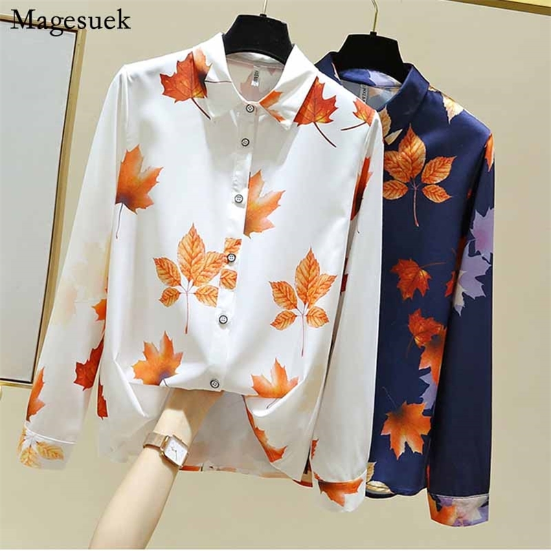 

Autumn Fashion Maple Leaf Print Long Sleeve Blouse Women Korean Style Plus Size Cardigan Chiffon Tops Lapel Shirts Blusas 11514 210518, Blue maple leaf