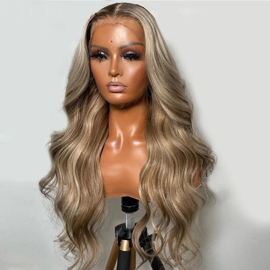 

2021 Fashion Ash Blonde Body Wave 13x4 Lace Front Wig Brazilian Human Hair Preplucked Synthetic Wigs For Women With BabyHair Bleached Knots, Black;brown