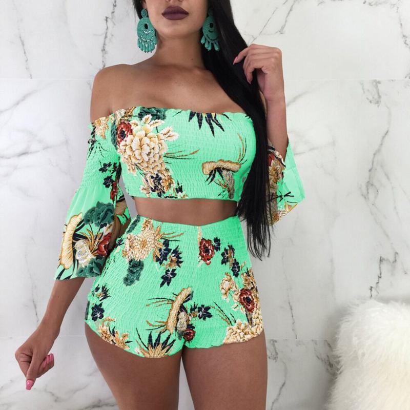 

Summer 2 Two Piece Set Women Sexy Off Shoulder Fold Ruffles Tops Shorts Floral Print Female Casual Holiday Outfits Women' Tracksuits, Blue