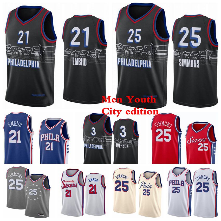 

Men Kids Joel 21 Embiid Basketball Jerseys Ben 25 Simmons Allen 3 Iverson 2021 Swingman City Jersey Edition White Red Youth S-3XL, Black