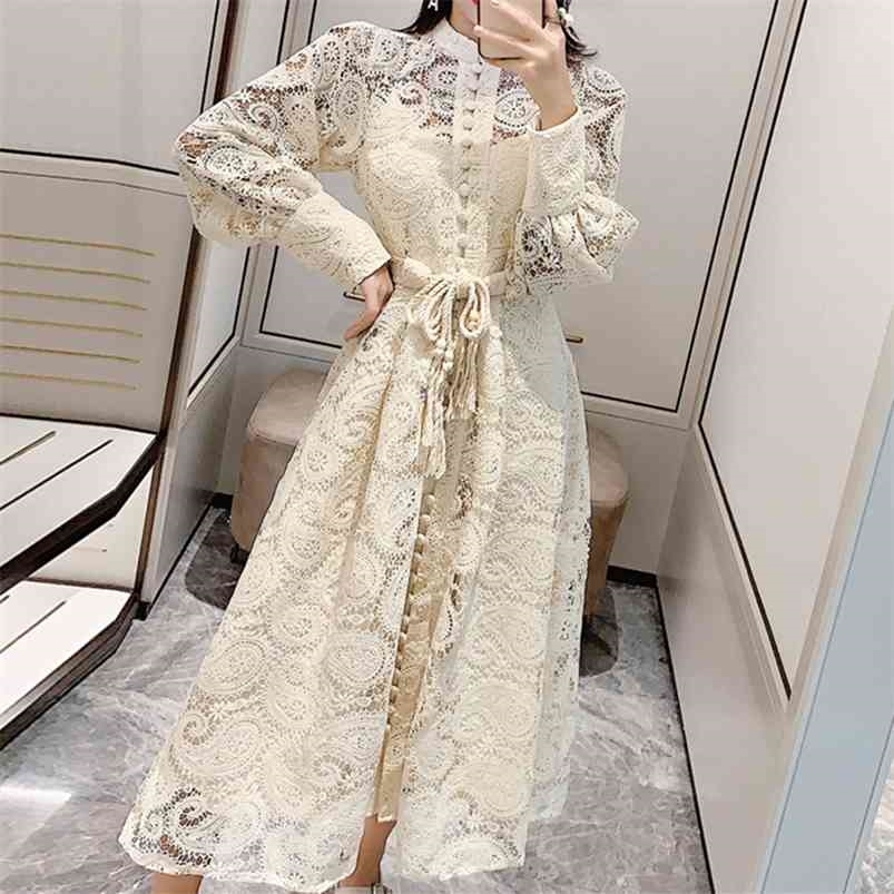 

Wavsiyier Midi Dress Luxury Elegant A-Line Party Belt Hollow Out Lace Embroidery Dresse Spring Long Sleeve Vintage 210701, Black