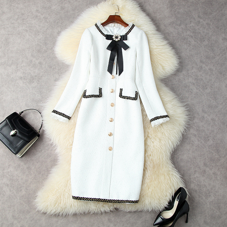 

European and American women' clothing winter 2022 new Long sleeve stud bead bow single breasted button Fashionable tweed dress, Black