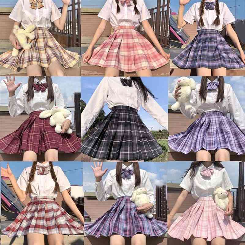 

Women Harajuku Preppy Style Sweet Kawaii Pleated Plaid Skirt Summer Korean Jk Uniform High Waist Mini A-line Skirts Female, Black