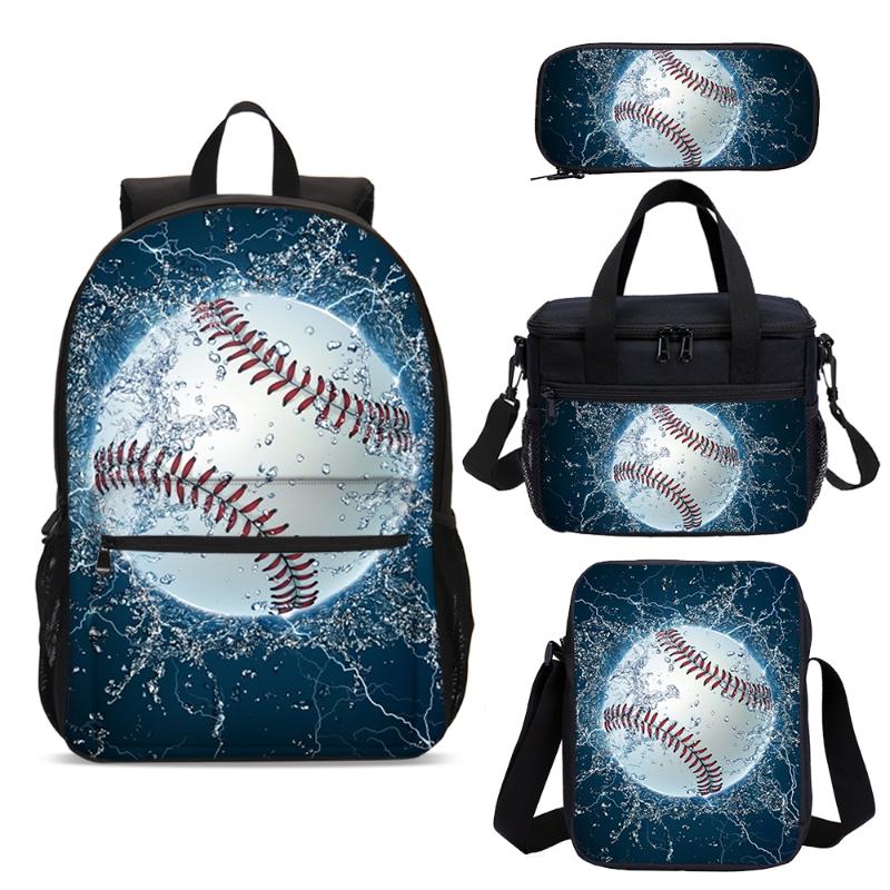

School Bags Baseball Pattern 3D Print Backpack Set 4 Pcs Lunch Bag Messenger Pencil Primary Cartoon Custom