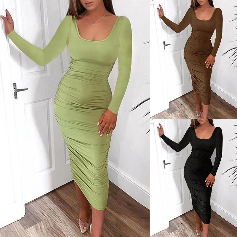 

Casual Dresses Women' Dress Autumn Winter Long Sleeves Slim Thin Hip Warm Sweater Fashion Solid Midi Female Clothing #10 #5, Bk