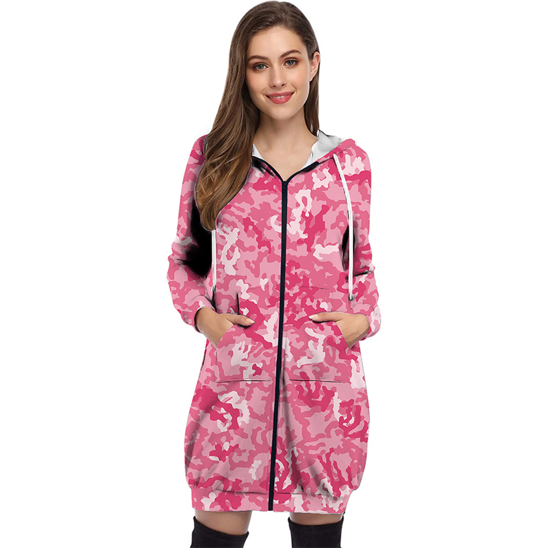 

Outdoor fashion autumn and winter loose print street hipster hooded zipper cardigan mid-length coat sweater women, Picture6