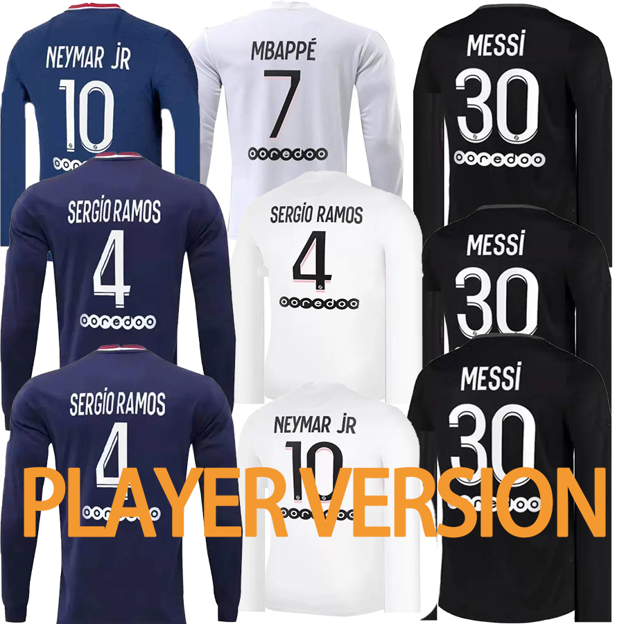 

Player Version Long Sleeve #30 MESSI Soccer Jersey Home Blue #7 MBAPPE #2 HAKIMI 2021 2022 Away White Soccer Shirts #4 SRERGIO RAMOS #6 VERR, Black;yellow