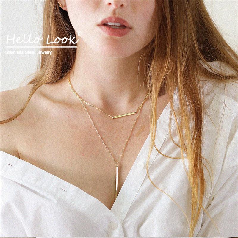 

HelloLook 2pcs Choker Necklaces & Pendants Double Chain Layered Necklace Collar Women Statement Jewelry Stainless Steel Pendant